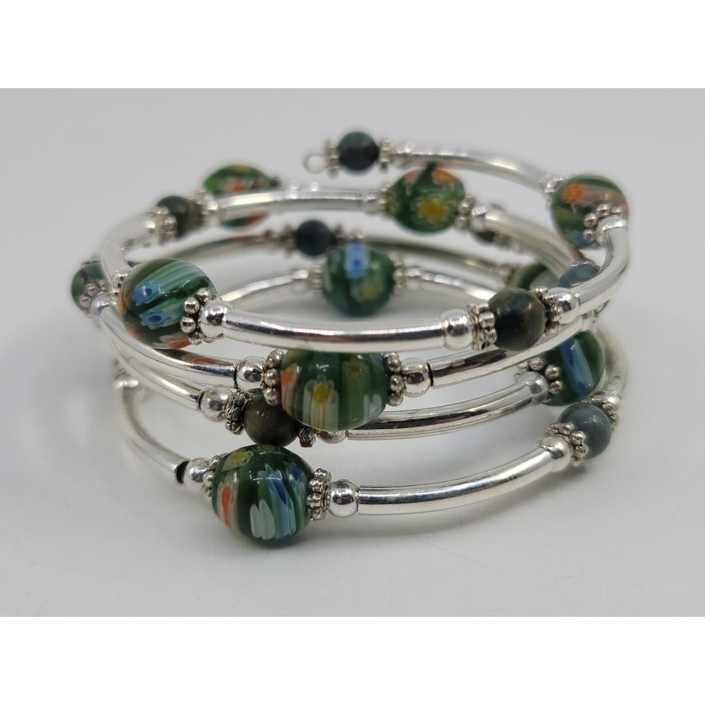Silver Tone PaintedFloral Art Glass Bead Wrap Coil Bracelet Stone Accents